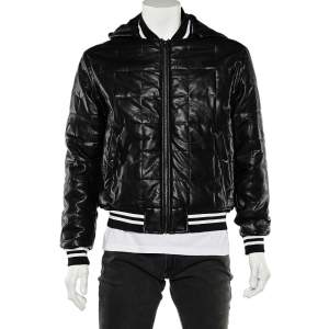 Cavalli Class Black Embroidered Faux Leather Zip Front Hooded Jacket M