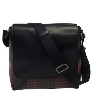 Coach Black/Red Plaid Print Coated Canvas and Leather Charles Messenger Bag