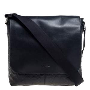 Coach Black Signature Embossed Leather Charles Flap Messenger Bag