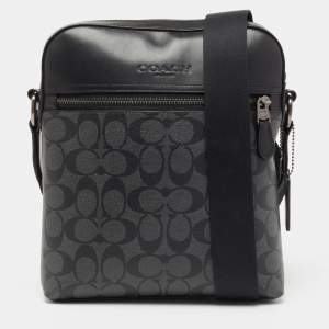 Coach Black/Grey Signature Coated Canvas and Leather Houston Flight Messenger Bag