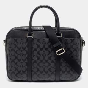 Coach Black Signature Coated Canvas and Leather Perry Slim Laptop Bag
