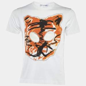 Comme des Garcons White Tiger Printed Cotton Knit Cutout Detail T-Shirt S