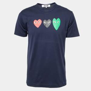 Comme des Garcons Play Navy Blue Heart Print Cotton Crew Neck T-Shirt L