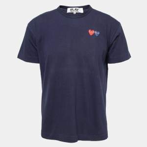 Comme des Garcons Play Navy Blue Heart Appliqued Cotton Crew Neck T-Shirt XL