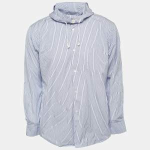 Comme des Garçons Blue Striped Cotton Button Front Hooded Full Sleeve Shirt M