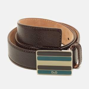 Pre Owned D&G Logo Plaque 85 CM Buckle Belt Dark Brown Leather