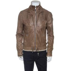 D & G Brown Leather Rib Knit Trim Bomber Jacket XL