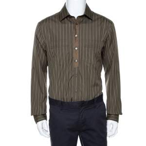 D & G Khaki Green Striped Cotton Slim Fit Shirt XXL