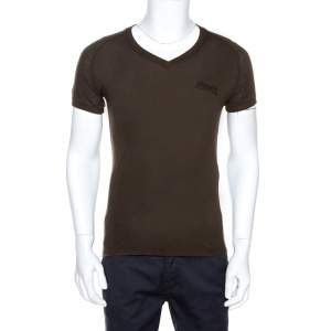 D & G Olive Green Logo Embroidered Knit V Neck T-Shirt S