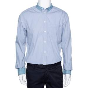 D&G Blue Checked Cotton Denim Trim Long Sleeve Brad Shirt XL