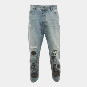 Pre Owned بنطلون ديزل بلاك جولد أزرق مرهق بطباعة الجرافيتي بقصة ضيقة الدنيم مقاس متوسط كبير خصر 33 بوصة