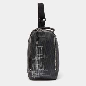 Dior Homme Dark Grey Stitched Print Oblique Coated Canvas Rider Sling Bag
