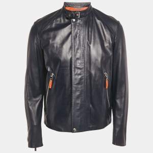 Pre Owned Dior Homme Navy Blue Leather Zip-Up Jacket L