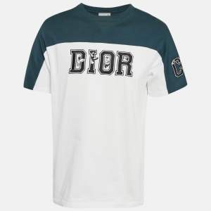 Dior Homme White/Blue Logo Print Colorblocked Cotton Knit T-Shirt M