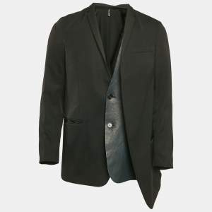 Dior Homme Black Leather Trim Wool Single Breasted Blazer L