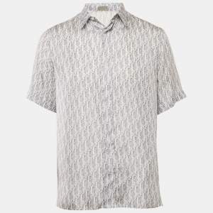Dior Homme Blue Oblique Print Silk Short Sleeve Shirt S
