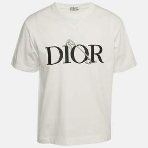 Dior Homme White Logo Embroidery Cotton Knit Half Sleeve Oversized T-Shirt L