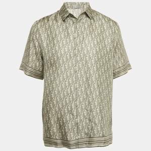 Pre Owned Dior Homme Green Oblique Monogram Print Silk Hawaiian Shirt M