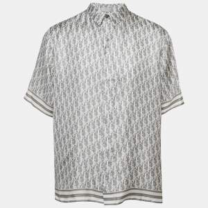 Pre Owned Dior Homme Grey Oblique Print Silk Short Sleeve Shirt 3XL