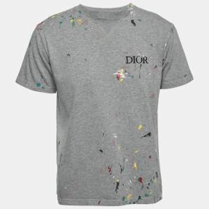 Dior Homme Grey Paint Splattered Cotton Logo Embroidered T-Shirt S