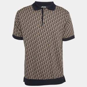 Dior Homme Brown/Navy Blue Oblique Cotton Knit Short Sleeve Polo Shirt S