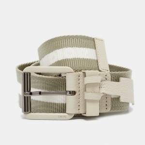 Dior Khaki Green/White Stripe Fabric and Leather Buckle Belt 95CM