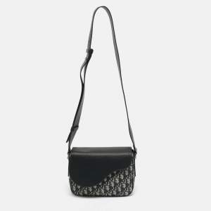 Pre Owned Dior Navy Blue Oblique Canvas and Leather Saddle Messenger Bag