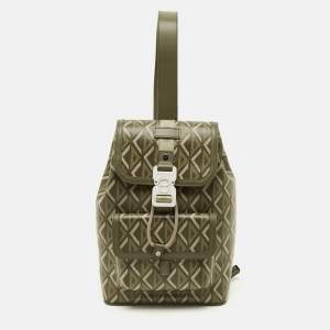 Pre Owned Dior Hit The Road Olive Green Diamond Coated Canvas and Leather Backpack