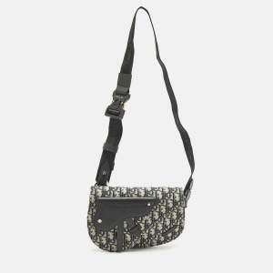 Pre Owned Dior Saddle Beige/Black Oblique Canvas and Leather Messenger Bag