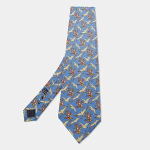 Christian Dior Vintage Blue Bird Printed Silk Tie 