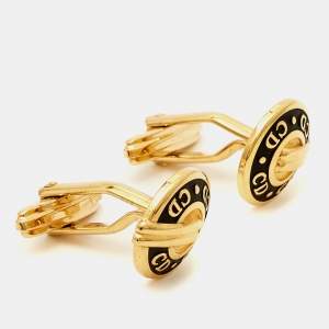 Christian Dior Logo Ename Gold Tone Round Cufflinks