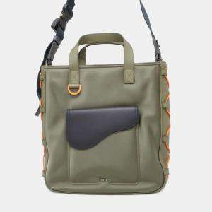 Dior X Sacai Collaboration Moss Green/Navy Nylon Leather Saddle Tote Bag 