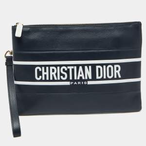 Dior Navy Blue/White Leather Logo Vibe Zip Clutch