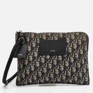 Dior Navy Blue Oblique Canvas Wristlet Zip Pouch