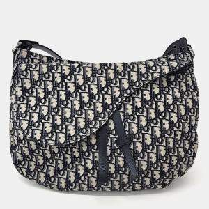 Dior Navy Blue Canvas Oblique Saddle Hobo Bag