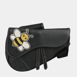 Christian Dior Black Leather With Applique KAWS Saddle Crossbody Bag 