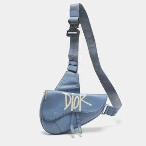 Dior x Shawn Light Blue Leather Saddle Bag