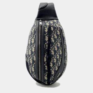 Pre Owned Christian Dior Scarab Oblique Beige Black Canvas Leather Crossbody Bag