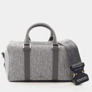 Pre Owned Christian Dior Dior Lingot26 Lango Oblique Gray/Silver Canvas Leather Handbag 