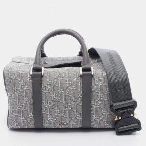 Pre Owned Christian Dior Dior Lingot26 Lango Oblique Gray/Silver Canvas Leather Handbag 