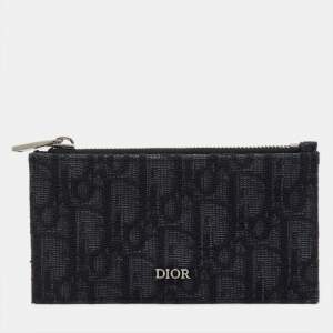 Pre Owned Dior Black Oblique Jacquard, Leather  Zipped Card Holder