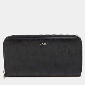 Pre Owned Dior Black Oblique Leather Voyageur Long Zip Around Wallet