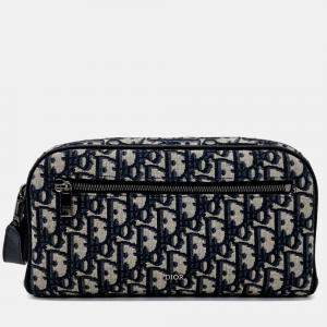 Pre Owned Dior Beige Navy Blue Fabric Oblique Toilet Clutch