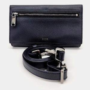 Pre Owned Dior Navy Blue Leather Homme long wallet and crossbody bag 