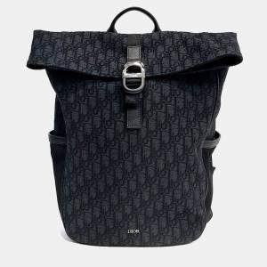 Pre Owned Dior Navy Blue Canvas Oblique Roll-Top Backpack