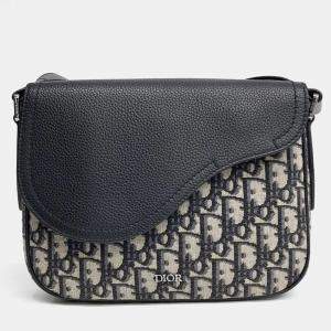 Pre Owned Dior Beige Navy Blue Canvas and Leather Homme Oblique Saddle Mini Messenger Bag