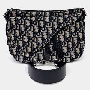 Pre Owned Dior Homme Oblique Saddle Beige Navy Blue Canvas Soft Bag