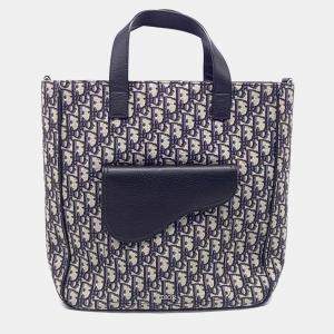 Pre Owned Dior Homme Oblique Beige/Navy Blue Canvas Saddle Tote and Shoulder Bag 1ADSH175YKS