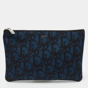 Dior Blue/Black Oblique Print Nylon Zip Pouch