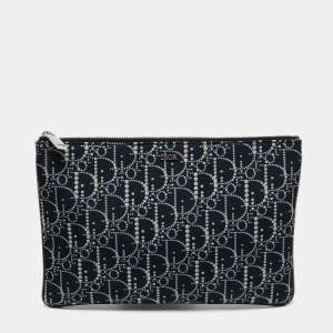 Dior Blue Oblique Print Nylon and Leather Zip Pouch